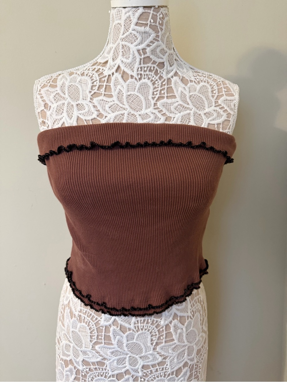 Free People Strapless Ribbed Crop Top in Brown with Black Trim